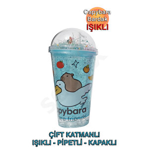 Capybara Çift Cidarlı, Işıklı, Pipetli, Kapaklı Bardak