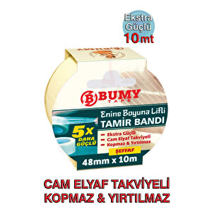 Enine Boyuna Lifli Şeffaf Tamir Bandı 48mm X 10mt, Elle Yırtılmaz, Kopmaz, 5 Kat Daha Güçlü