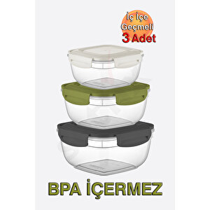 Fresh Box Kilitli Kare Saklama Kabı (500, 900, 1500ml) (üçlü Set)
