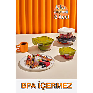 Fresh Box Kilitli Kare Saklama Kabı (500, 900, 1500ml) (üçlü Set)