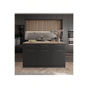 Afro Mutfak Adası -alt Modül-2 Çekmeceli 3 Kapaklı- 150 Cm Antrasit-tezgah Dahil - Antrasit - Atlantik Çam