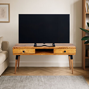 Masif Ahşap Tv Ünitesi 150 Cm – İskandinav Stil, Doğal, 2 Çekmeceli Ve 1 Raflı | Modest Tv-150 Tk