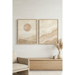Minimal Güneş Ve Dalga Formları 2’li Ahşap Çerçeveli Tablo Seti 50x70 cm