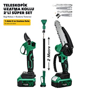 2'li Süper Set Çift Akülü Teleskopik Kollu Bağ Makası Ve Budama Testeresi Makinesi - Yeşil