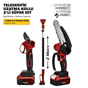 2'li Süper Set Çift Akülü Teleskopik Kollu Bağ Makası Ve Budama Testeresi Makinesi - Kırmızı