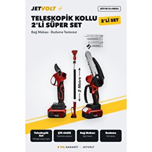 2'li Süper Set Çift Akülü Teleskopik Kollu Bağ Makası Ve Budama Testeresi Makinesi - Kırmızı