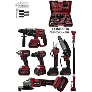 Premium Profesyonel 21v 2.0ah Çantalı 5 Bataryalı Kömürsüz Darbeli Teleskop Kollu 7li Set