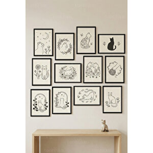 12 Parça Minimalist Kedi İllüstrasyonlu Dekoratif Çerçeve Görünümlü Tablo Seti