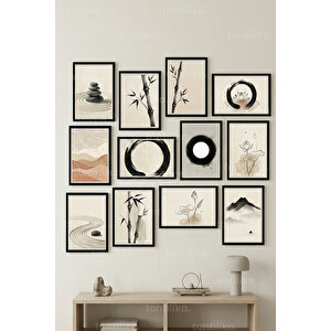 12 Parça Zen Minimal 2 Renk Seçenekli Dekoratif Çerçeve Görünümlü Tablo Seti