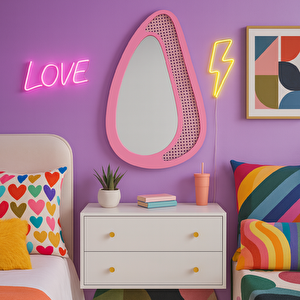 Retro Modern Dekoratif Ayna – Hasır Detaylı Özgün Tasarım – Pembe– 6 Boyut – Duvar Tipi Estetik Aksesuar 63x105 cm