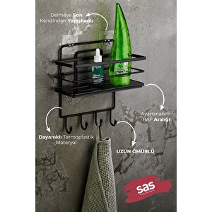 4 Kancalı Yapışkanlı Ayarlanabilir Banyo Duş Rafı – Paslanmaz Kristal Şampuanlık (yapıştır/vidala) Siyah - Lş-01 - Sssk