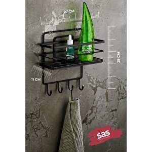4 Kancalı Yapışkanlı Ayarlanabilir Banyo Duş Rafı – Paslanmaz Kristal Şampuanlık (yapıştır/vidala) Siyah - Lş-01 - Sssk