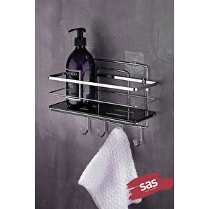 4 Kancalı Yapışkanlı Ayarlanabilir Banyo Rafı – Paslanmaz Metal Kristal Şampuanlık (yapıştır/vidala) Krom-siyah - Lş-01 - Kskk