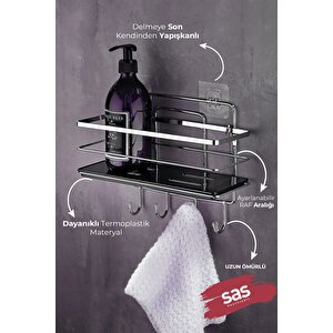 4 Kancalı Yapışkanlı Ayarlanabilir Banyo Rafı – Paslanmaz Metal Kristal Şampuanlık (yapıştır/vidala) Krom-siyah - Lş-01 - Kskk