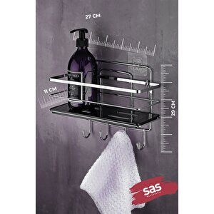 4 Kancalı Yapışkanlı Ayarlanabilir Banyo Rafı – Paslanmaz Metal Kristal Şampuanlık (yapıştır/vidala) Krom-siyah - Lş-01 - Kskk