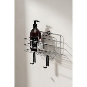 Tekli Krom Yapışkanlı Banyo Rafı + 2’li Askı Kanca Seti – Paslanmaz Metal Duş Şampuanlık (yapıştır/vidala) – Tş-01