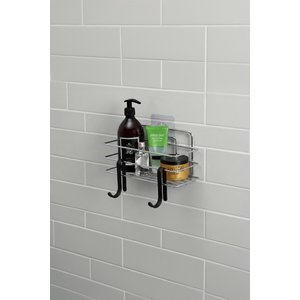 Tekli Krom Yapışkanlı Banyo Rafı + 2’li Askı Kanca Seti – Paslanmaz Metal Duş Şampuanlık (yapıştır/vidala) – Tş-01