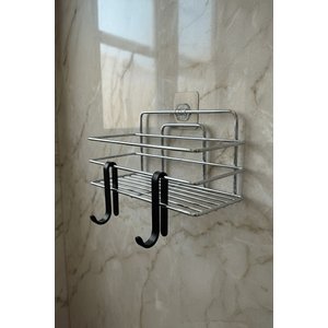 Tekli Krom Yapışkanlı Banyo Rafı + 2’li Askı Kanca Seti – Paslanmaz Metal Duş Şampuanlık (yapıştır/vidala) – Tş-01