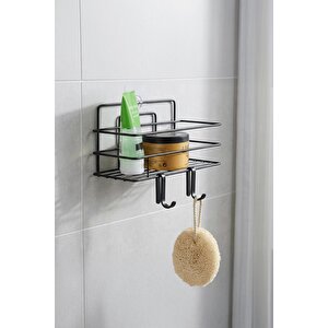 Tekli Siyah Yapışkanlı Banyo Rafı + 2’li Askı Kanca Seti – Paslanmaz Metal Duş Şampuanlık (yapıştır/vidala) – Tş-01