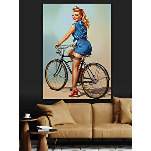 Bisiklet Süren Pinup Kadın Dekoratif Kanvas - Mdf Ahşap Tablo 70x100 cm