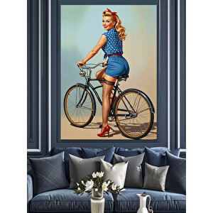Bisiklet Süren Pinup Kadın Dekoratif Kanvas - Mdf Ahşap Tablo 70x100 cm