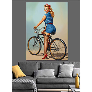 Bisiklet Süren Pinup Kadın Dekoratif Kanvas - Mdf Ahşap Tablo 70x100 cm