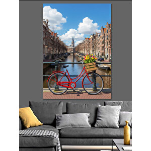 Amsterdam Kanalları Ve Bisikletli Şehir Manzarası Dekoratif Kanvas - Mdf Ahşap Tablo 100x140 cm