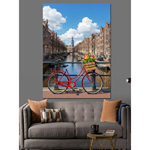 Amsterdam Kanalları Ve Bisikletli Şehir Manzarası Dekoratif Kanvas - Mdf Ahşap Tablo 100x140 cm
