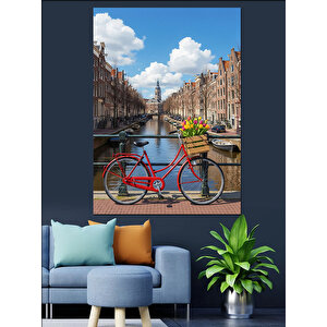 Amsterdam Kanalları Ve Bisikletli Şehir Manzarası Dekoratif Kanvas - Mdf Ahşap Tablo 100x140 cm