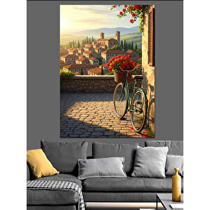 Taş Balkonda Çiçekli Bisiklet Ve Kasaba Manzarası Dekoratif Kanvas - Mdf Ahşap Tablo 70x100 cm