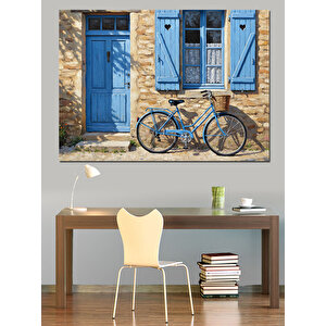 Mavi Kapılı Taş Ev Ve Bisiklet Manzarası Dekoratif Kanvas - Mdf Ahşap Tablo 70x100 cm