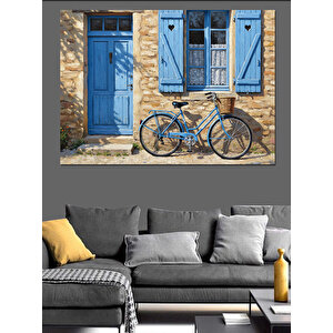 Mavi Kapılı Taş Ev Ve Bisiklet Manzarası Dekoratif Kanvas - Mdf Ahşap Tablo 70x100 cm