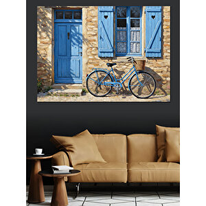 Mavi Kapılı Taş Ev Ve Bisiklet Manzarası Dekoratif Kanvas - Mdf Ahşap Tablo 70x100 cm