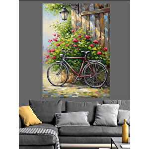 Çiçekli Bisiklet Sokak Manzarası Dekoratif Kanvas - Mdf Ahşap Tablo 100x140 cm