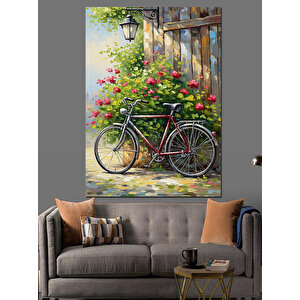 Çiçekli Bisiklet Sokak Manzarası Dekoratif Kanvas - Mdf Ahşap Tablo 100x140 cm