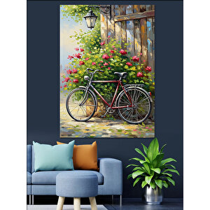 Çiçekli Bisiklet Sokak Manzarası Dekoratif Kanvas - Mdf Ahşap Tablo 100x140 cm