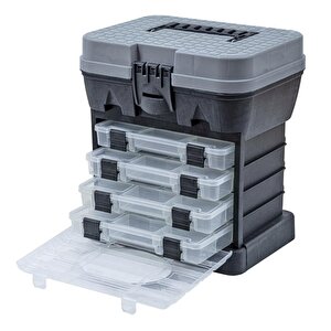 Tabureli Balıkçı Takım Çantası - 4 Çekmeceli - Gri
