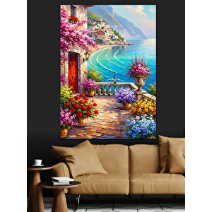 Çiçekli Balkon Deniz Manzarası Dekoratif Kanvas - Mdf Ahşap Tablo 70x100 cm