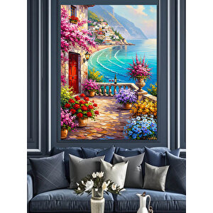 Çiçekli Balkon Deniz Manzarası Dekoratif Kanvas - Mdf Ahşap Tablo 70x100 cm