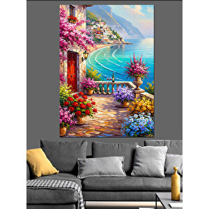 Çiçekli Balkon Deniz Manzarası Dekoratif Kanvas - Mdf Ahşap Tablo 70x100 cm