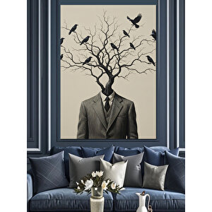 Ağaç Başlı Takım Elbiseli Adam Dekoratif Kanvas - Mdf Ahşap Tablo 70x100 cm
