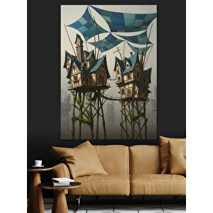 Fantastik Ağaç Evler Çizimi Dekoratif Kanvas - Mdf Ahşap Tablo 50x70 cm