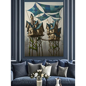 Fantastik Ağaç Evler Çizimi Dekoratif Kanvas - Mdf Ahşap Tablo 50x70 cm