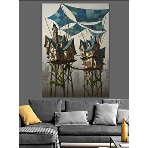 Fantastik Ağaç Evler Çizimi Dekoratif Kanvas - Mdf Ahşap Tablo 50x70 cm