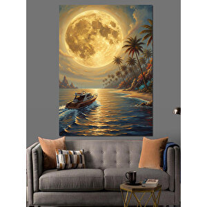Dolunay Deniz Sahil Manzarası Dekoratif Kanvas - Mdf Ahşap Tablo 50x70 cm