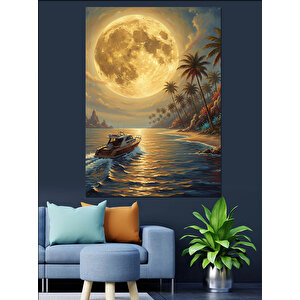 Dolunay Deniz Sahil Manzarası Dekoratif Kanvas - Mdf Ahşap Tablo 50x70 cm