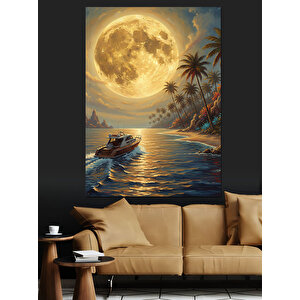 Dolunay Deniz Sahil Manzarası Dekoratif Kanvas - Mdf Ahşap Tablo 50x70 cm