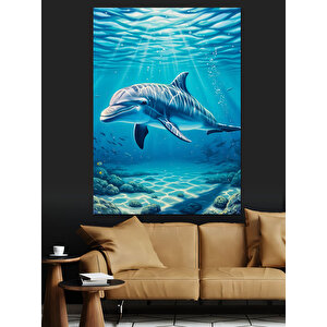 Deniz Altında Yüzen Yunus Dekoratif Kanvas - Mdf Ahşap Tablo 100x140 cm