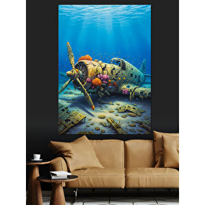 Deniz Altında Uçak Enkazı Dekoratif Kanvas - Mdf Ahşap Tablo 100x140 cm