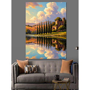 Göl Kenarı Ağaçlı Manzara Dekoratif Kanvas - Mdf Ahşap Tablo 70x100 cm